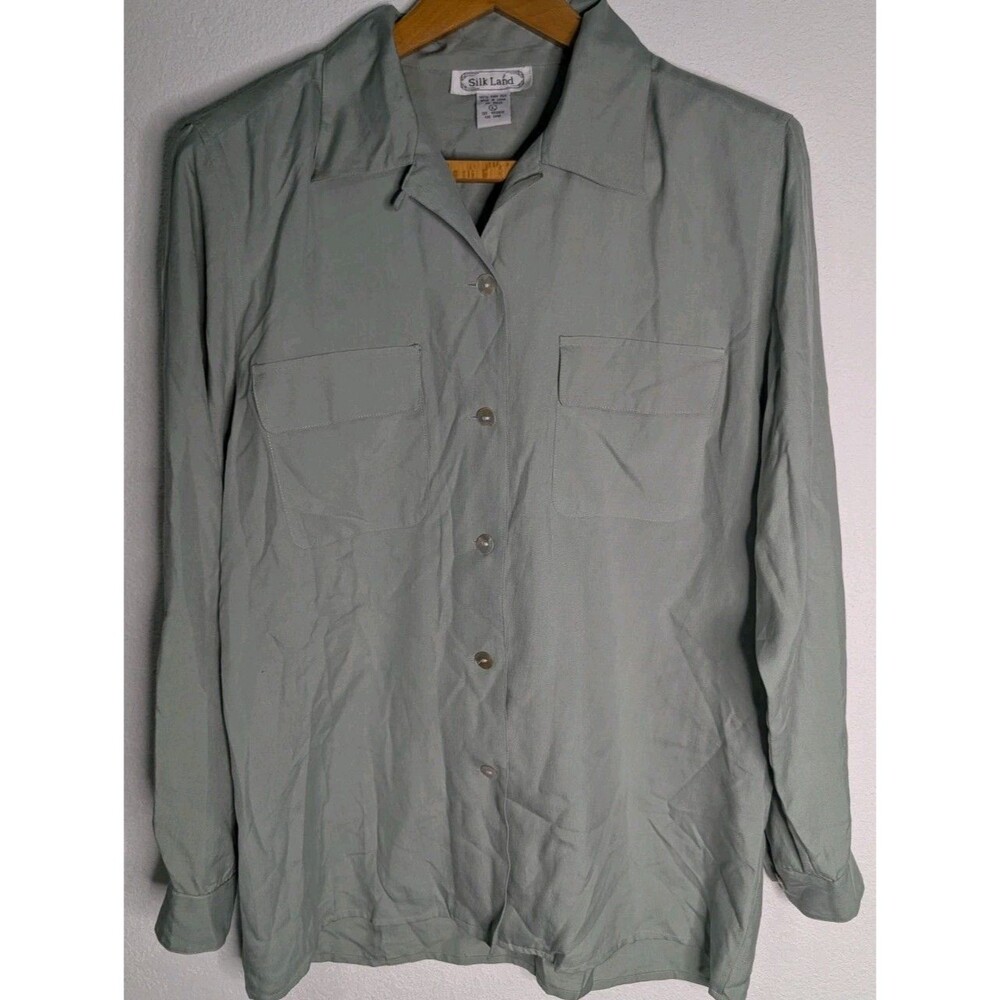 Silk Land 100% Silk Blouse Women's Size Large Button Shirt Pockets VINTAGE (1011